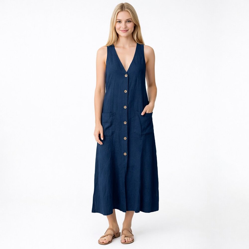 ZARA Sleeveless Shirt Dress V-Neck Navy Medium #A1297
